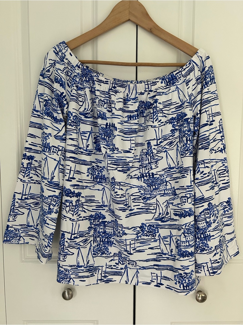 MAHI Gold Off-Shoulder Blue & White Medium Nautical Coastal Print Lighthouse